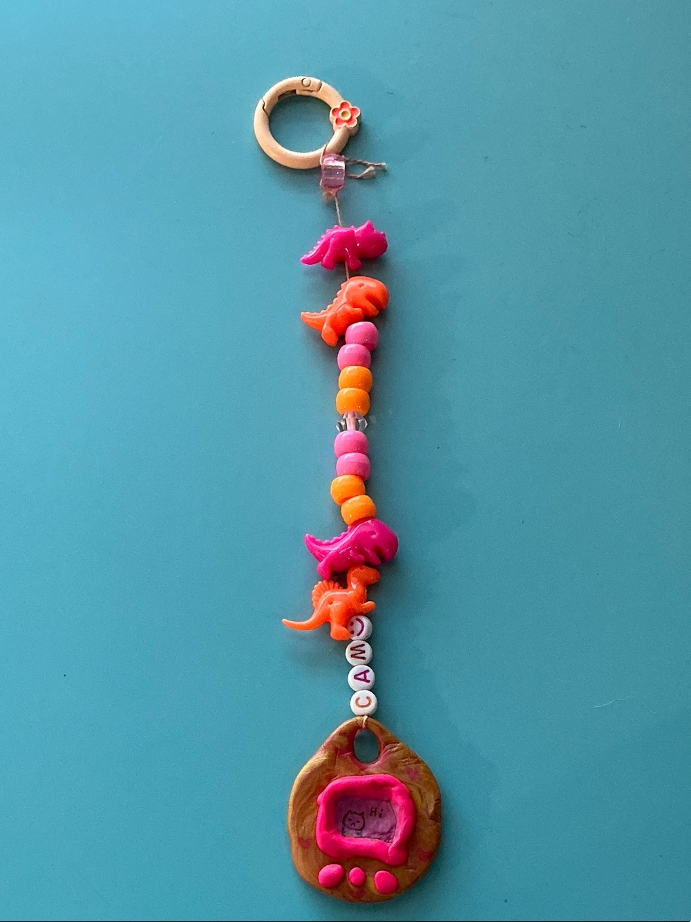 Camo Pink & Orange Dinosaur Bead Keychain